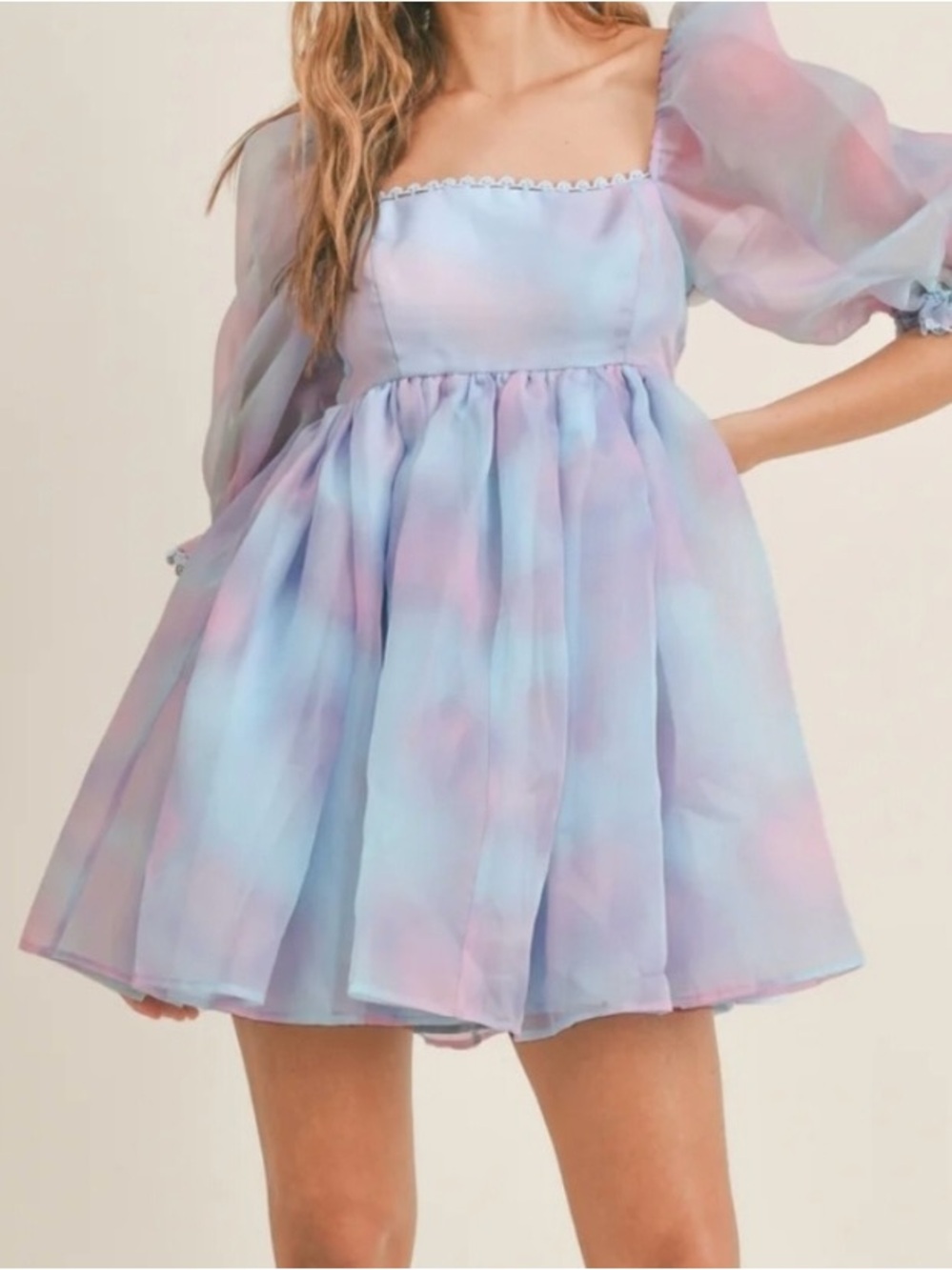 Pastel Blue and Pink Puff-Sleeve Dress